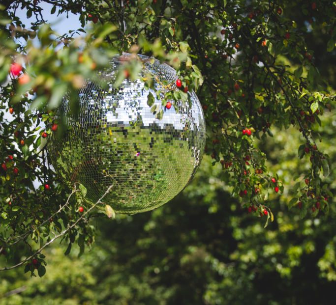 Mirror disco ball hanging in green trees - Image courtesy of Marble Private