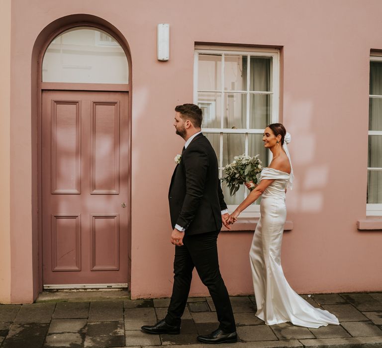 Bride and groom at Northern Ireland city wedding in Derry