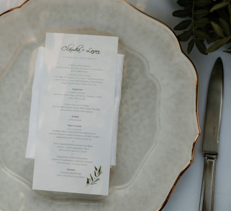 Classic white stationery on plate for reception dinner | Hannah MacGregor Photo & Film