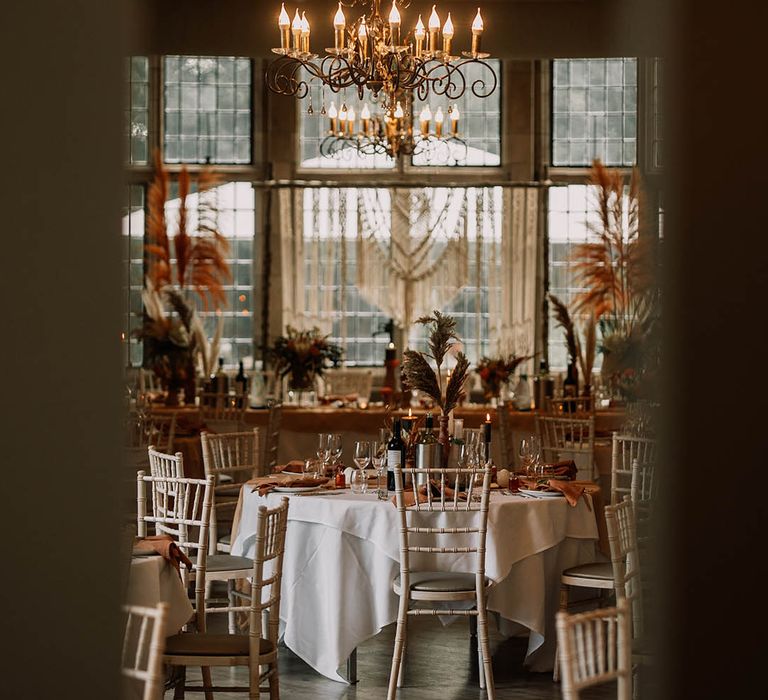 Moxhull Hall wedding venue complete with hanging chandelier and boho styling 