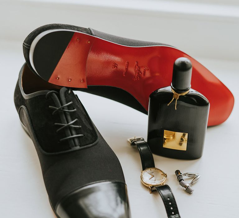 Louboutin groom shoes with the groom's Tom Ford cologne, watch and cufflinks 