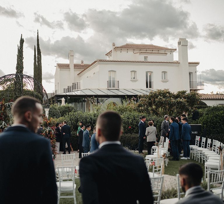 Outdoor wedding ceremony at dusk