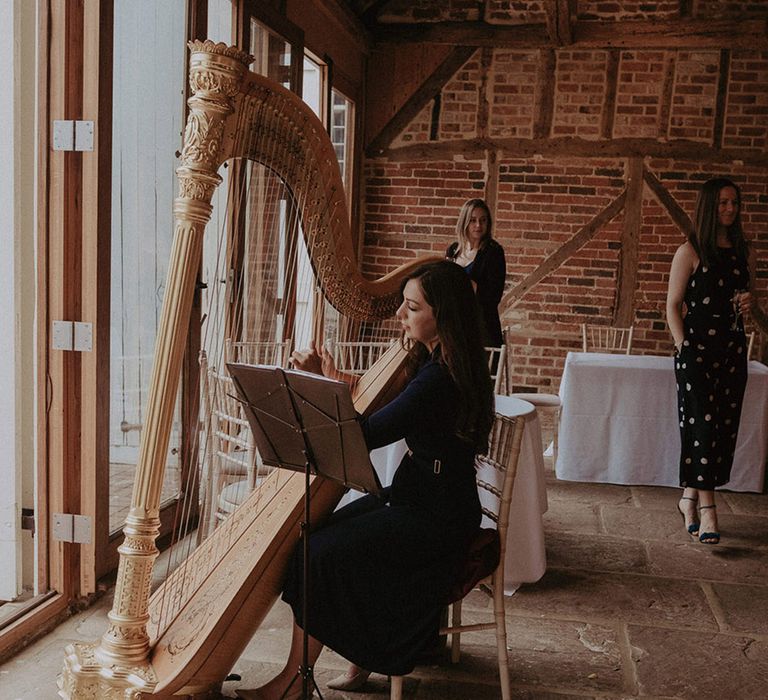 A harpist in an all black outfit sits playing the harp for the wedding entertainment 