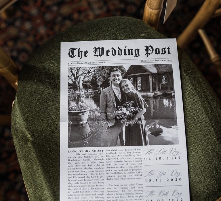 Personalised wedding newspaper on the chairs of the guests with order of the day details 