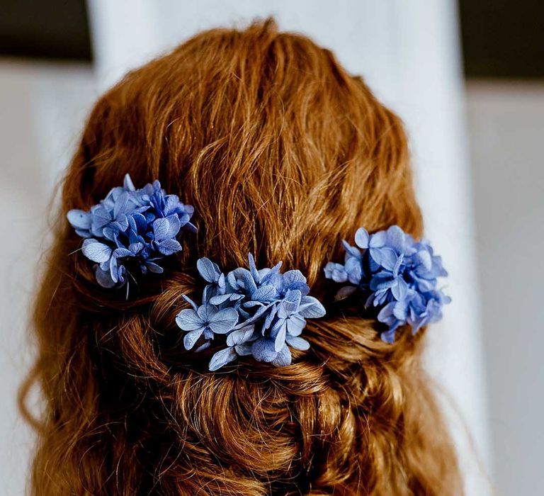 blue hydrangea preserved flower hair pins 