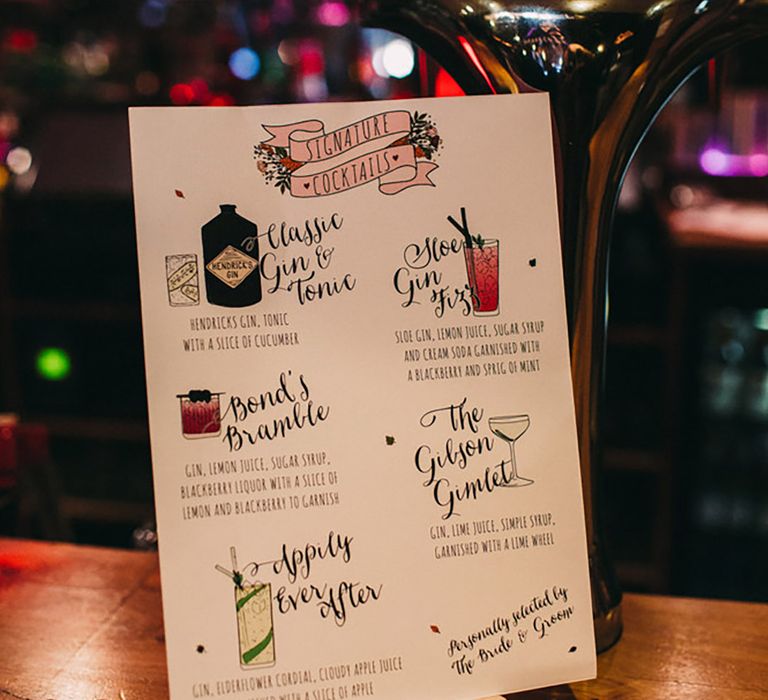 Hand drawn wedding cocktail menu with ideas and inspiration 