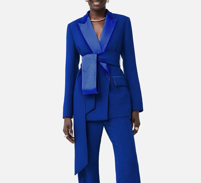 Mother of the bride bold blue trouser suit with sash belt 