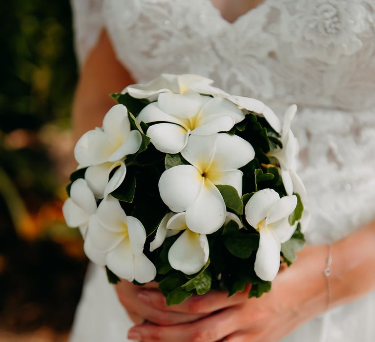 Tropical plumeria wedding flowers small round bouquet for Seychelles wedding