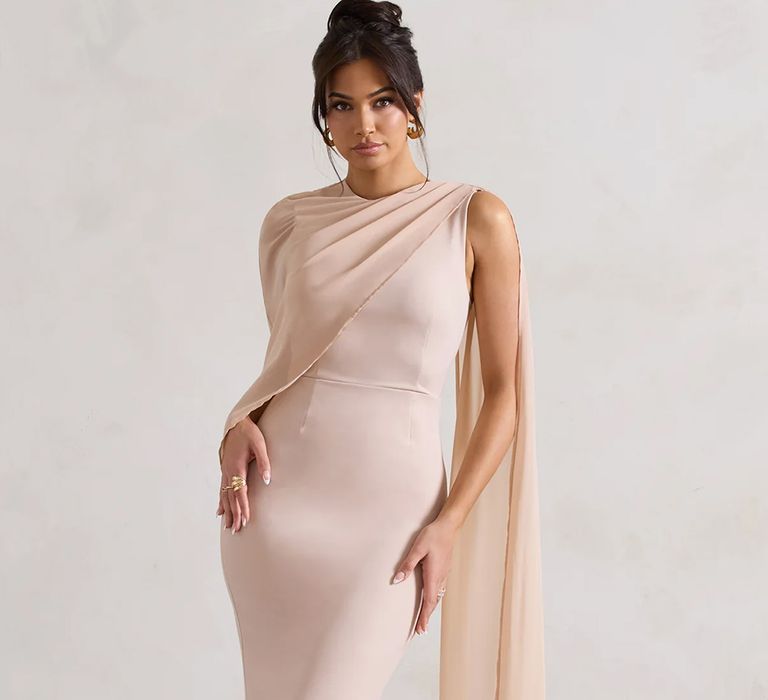 Champagne maxi dress with chiffon cape 