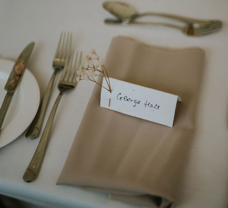 Simplistic wedding place name cards for neutral and white theme wedding 