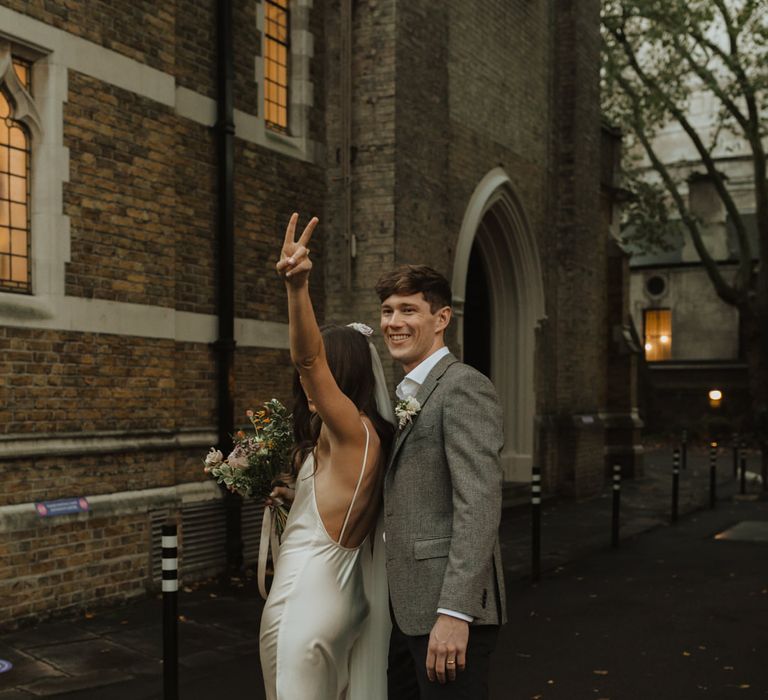 Bride in slip wedding dress at Holy Trinity Brompton Church micro wedding