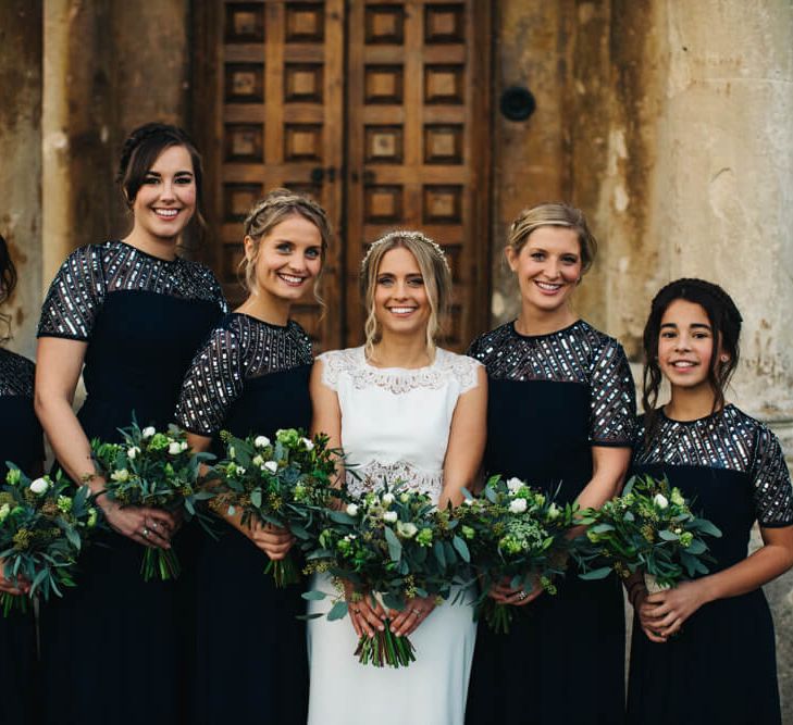 Bridesmaids wearing short sleeve navy bridesmaid dresses with sequin details | ASOS Dresses | Photography by Recommended Supplier Richard Skins