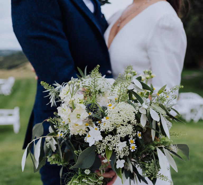 White flower and green leaf wedding bouquet 