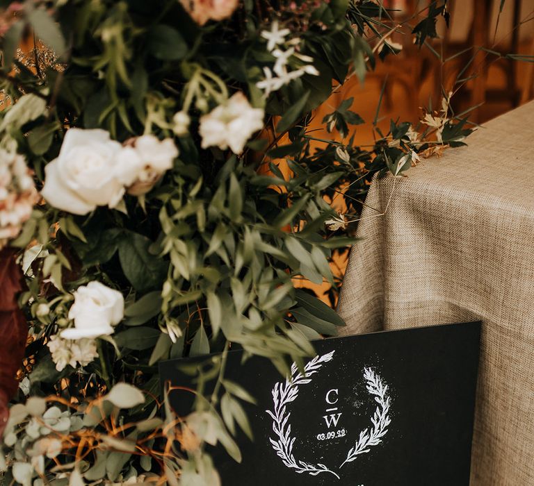 Marquee wedding at Duddon Mill Farm with a chalk board wedding order of the day sign 