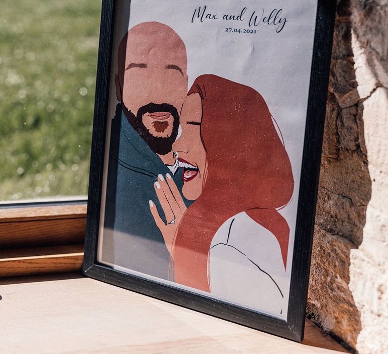 A custom painting of the bride and groom together as a sentimental keepsake of the wedding day 