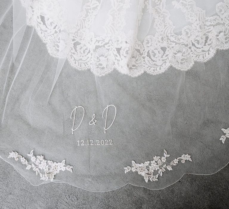 Personalised embroidered wedding veil with the bride and groom's initials 