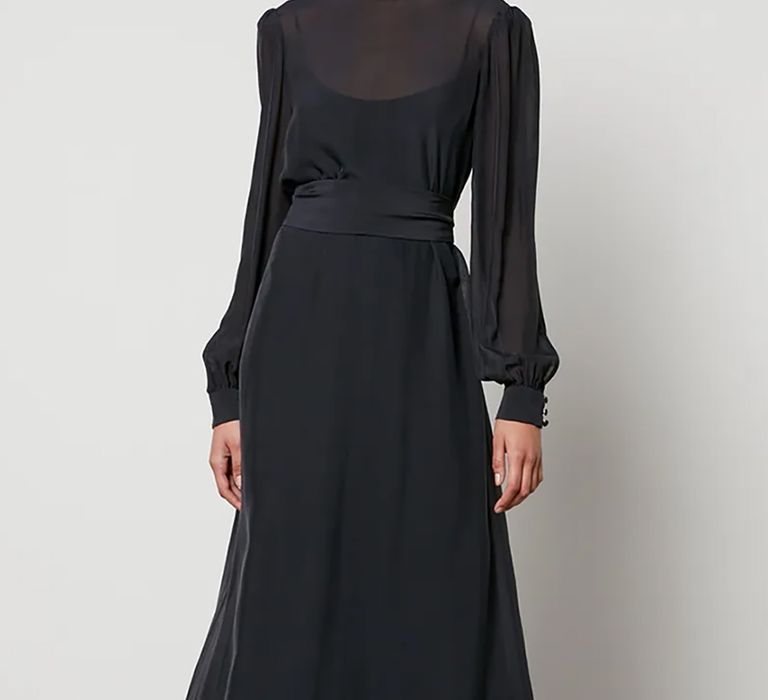 Mother of the bride feather trim black maxi dress 