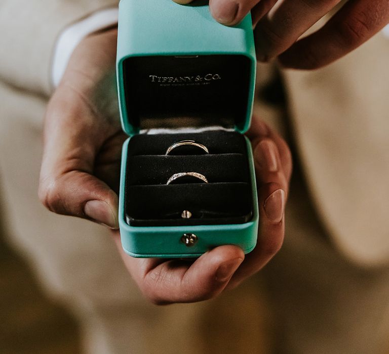 Diamond wedding rings from Tiffany and Co in classic Tiffany blue wedding ring box 