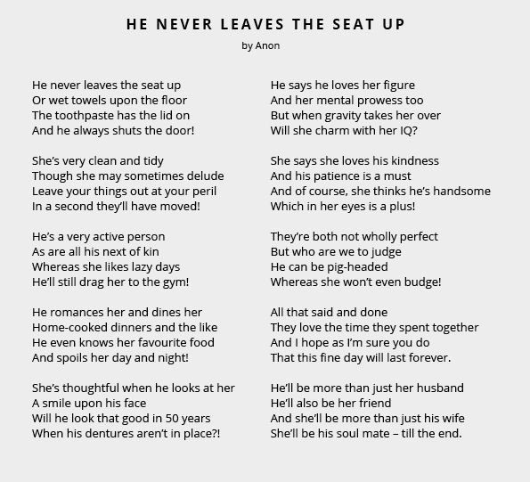 Funny Wedding Reading | He Never Leaves The Seat Up by Anon