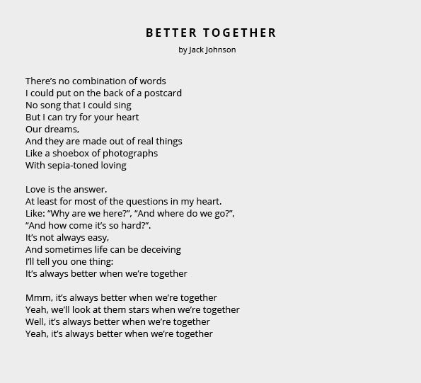 Better together by Jack Johnson Alternative Wedding Readings