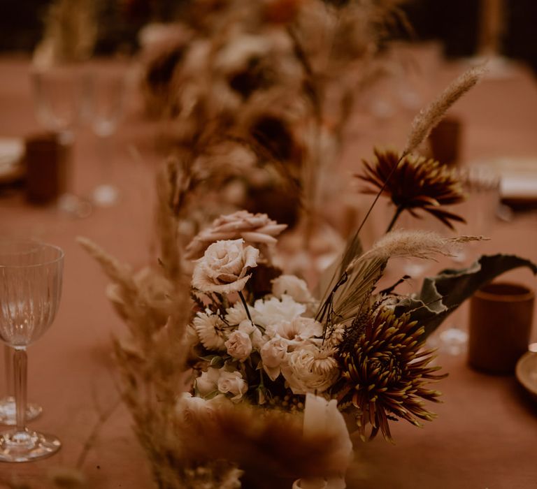 Boho wedding flower table centrepiece flowers for intimate elopement 