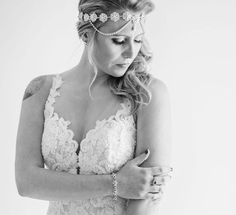 The bride wore an embroidered lace wedding gown for her Hotel Marincanto wedding