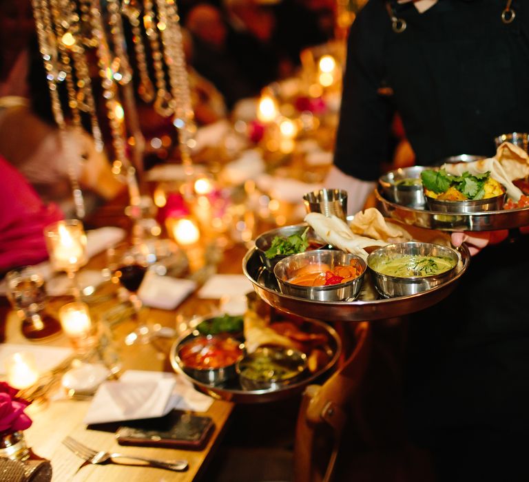 Customised wedding menu for Sri Lankan wedding served in traditional thalis 