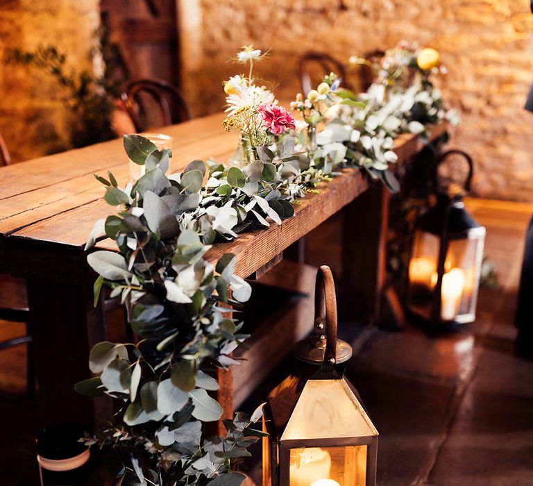 Foliage table runner for rustic barn wedding