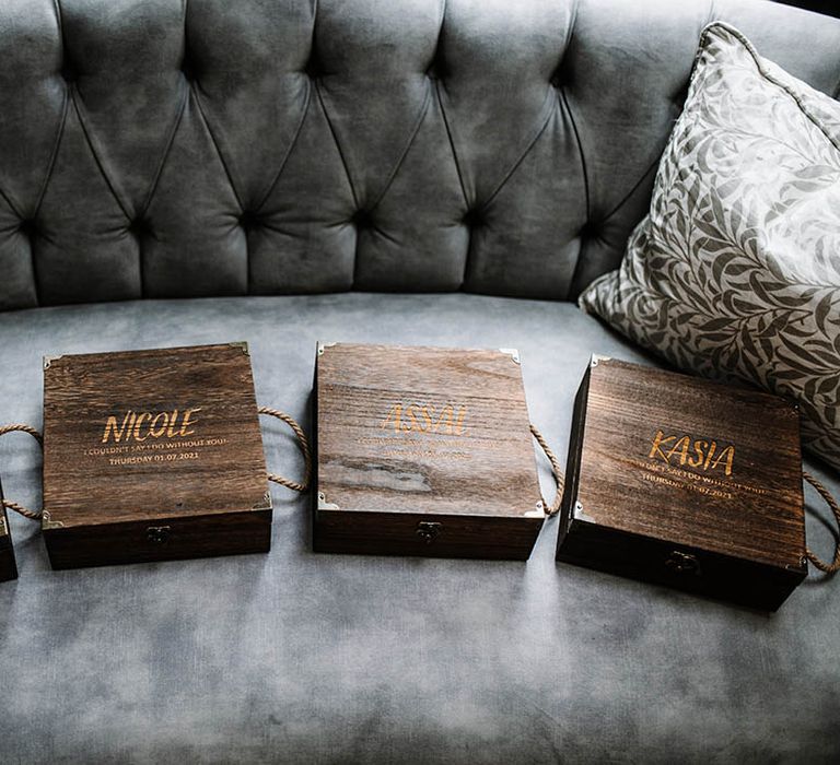 Personalised wooden boxes on wedding day