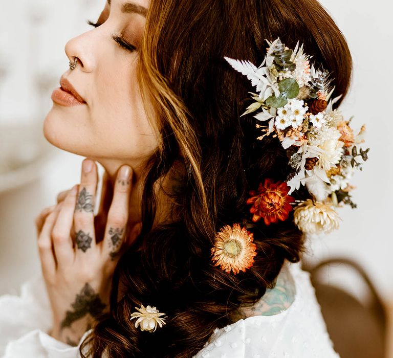 boho braid wedding hair with preserved flower hair accessories by Luna & Wild