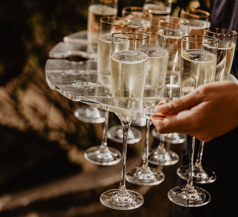 Gold rimmed champagne glasses filled up with champagne for guests 