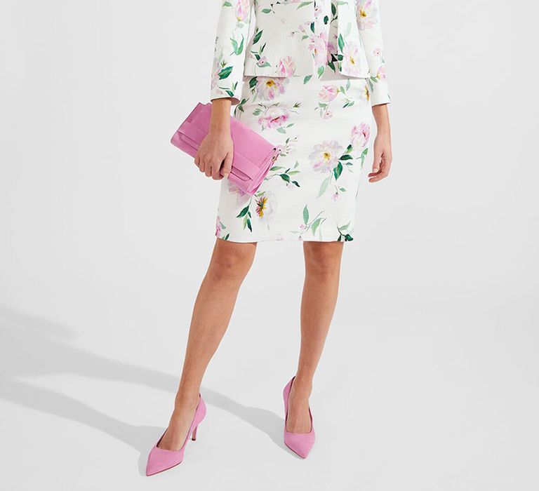 Mother of the bride petite white floral dress with matching jacket and accessories 