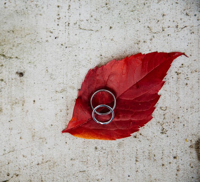 Two wedding rings on red leaf