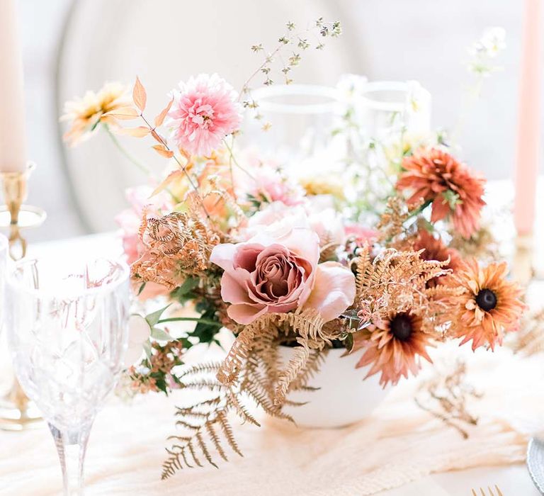 Dusky pink and orange autumn wedding flowers 