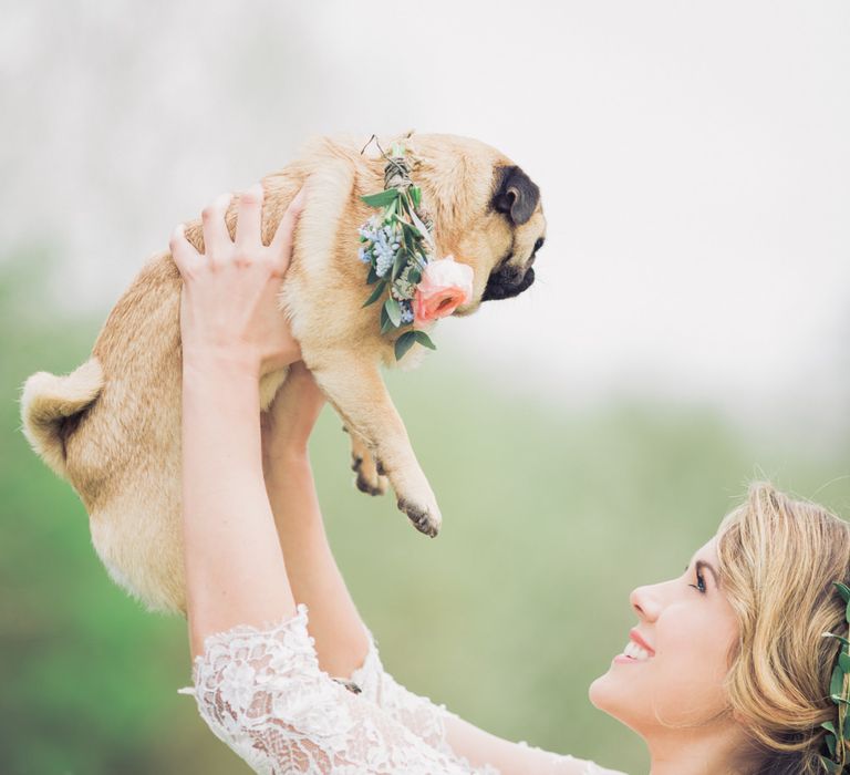 Bride holding a pet pug in a pink flower collar up in the air 