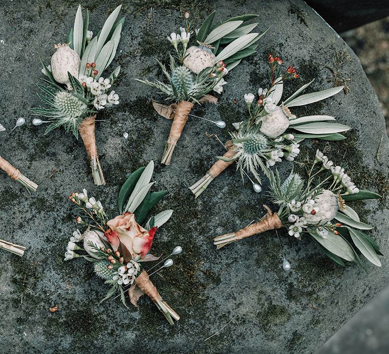 Floral buttonholes for boho chic wedding day