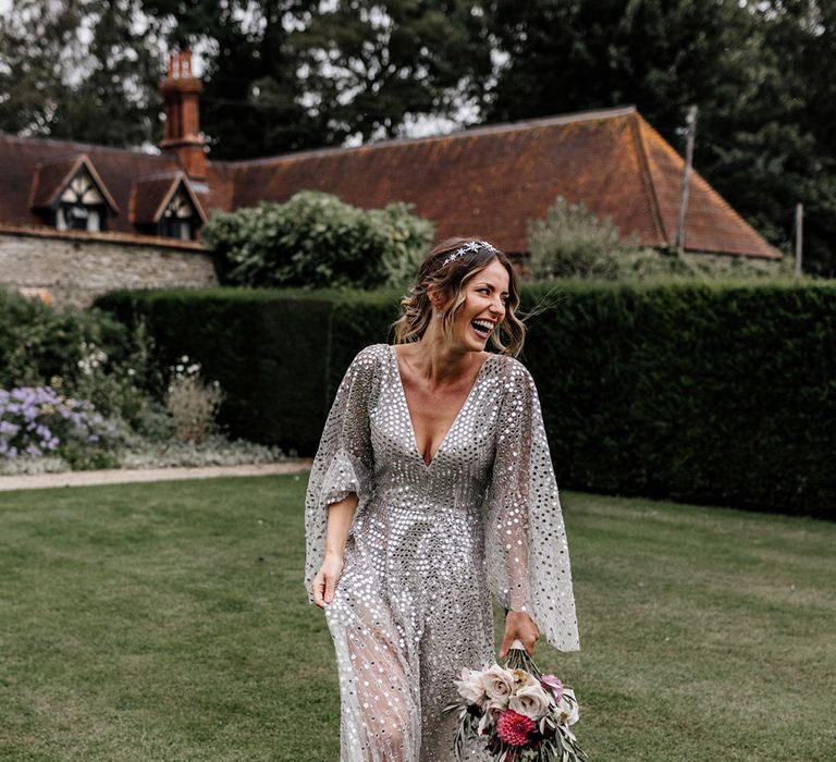 Bride in a silver metallic sparkly wedding dress