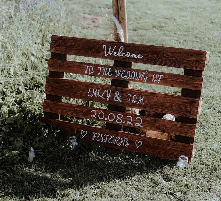 DIY wooden pallet sign with white writing 