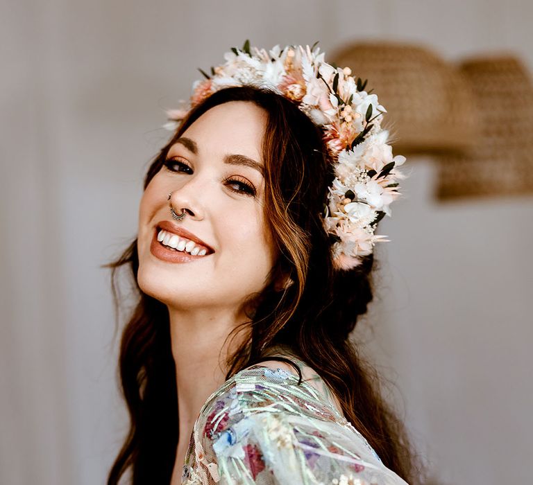 boho bride with soft peach dried flower headband by Luna & Wild 