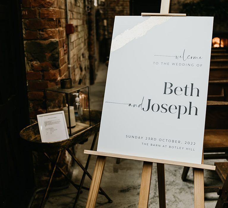 Minimalist black and white wedding welcome sign 