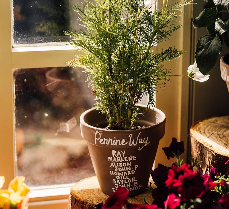 Unique plant pot seating plan idea for botanical wedding at The Parlour, Blagdon