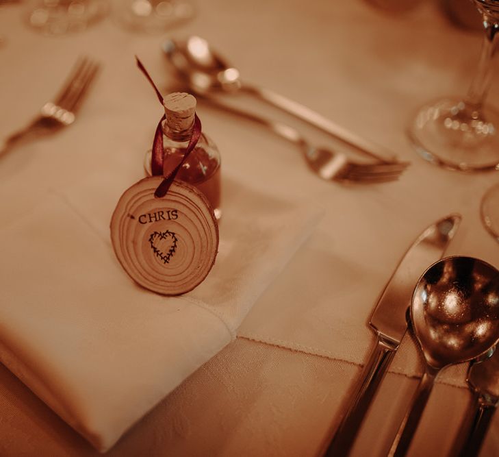 Homemade damson gin wedding favors for rustic winter wedding