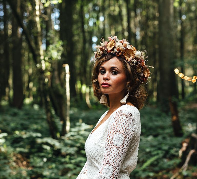 Bride in Longton Wood wearing flower crown