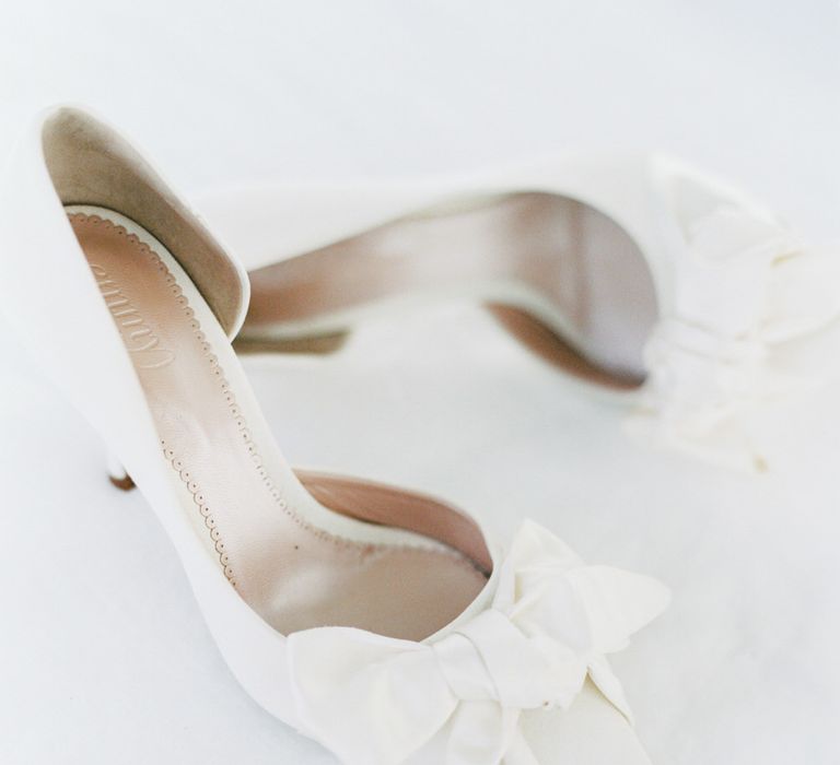 White peep toe wedding heels with bow detail by Emmy London