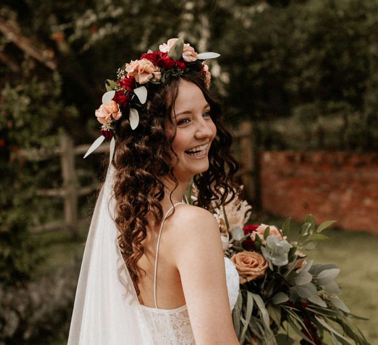 ASOS wedding dress bride with wavy hair, veil and flower crown 