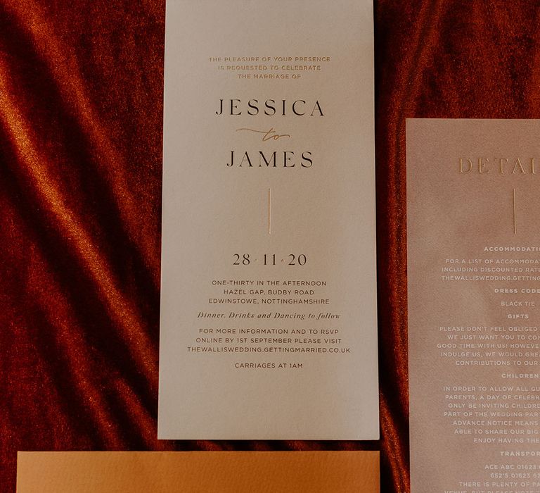 Gold foil wedding stationery with orange, white and pink wedding invitation and details of the day with envelope 