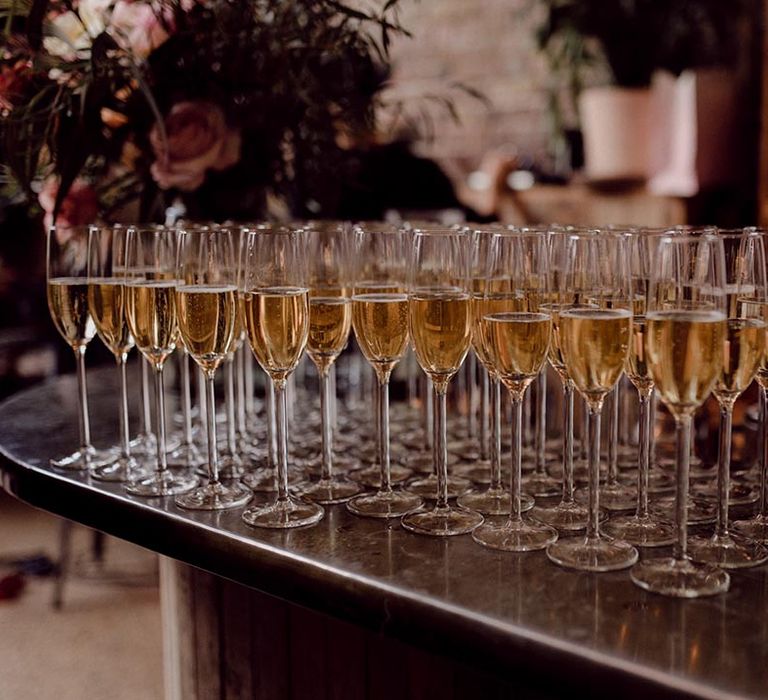 Glasses of champagne for wedding guests