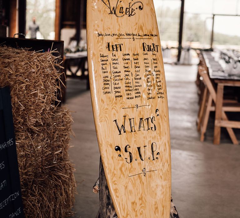 Wooden surfboard table plan and guest book idea 