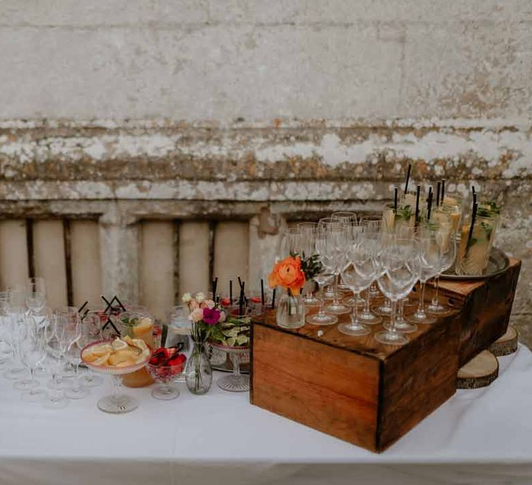 Wedding food and drinks on white wedding tablecloth at Elmore Court Gloucestershire wedding