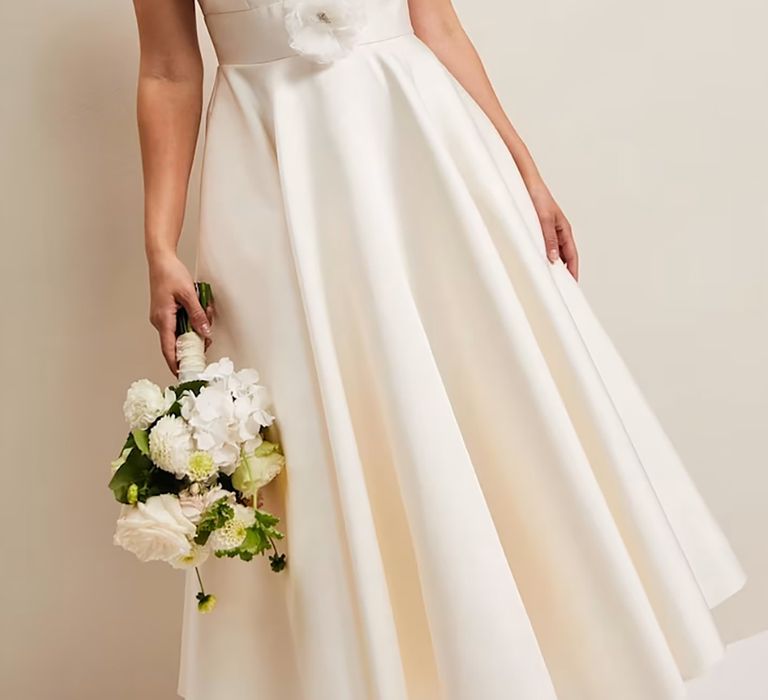 Ivory fit and flare tea length wedding dress